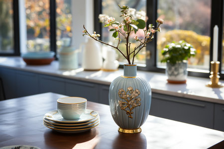 Ceramic vase with a branch of a blossoming tree on the tableの素材