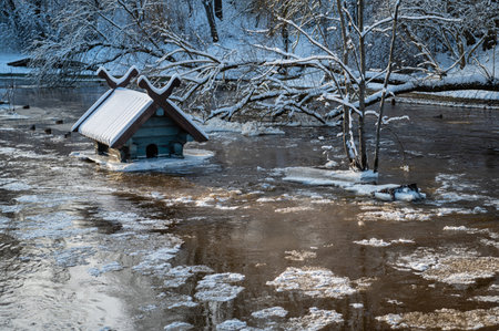 spring floods and ice melt in a small river, waterfowl feeder flooded as water level rises, Latviaの写真素材