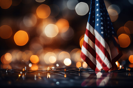 American flag on blurred bokeh background with free space for text. Independence day concept.の素材