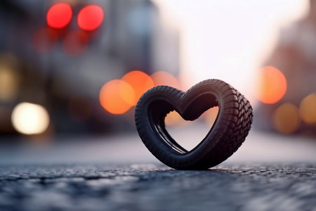 Car tire in the shape of a heart on the background of the night cityの素材