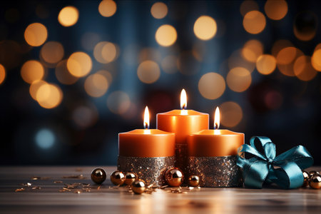 Colorful christmas candles on wooden table against bokeh background, selective focusの素材