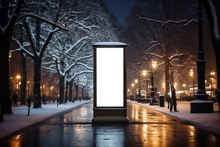 Mock up of a blank billboard on a city street in winterの素材