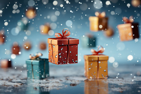 Flying gift boxes with ribbons on blue background.  Holiday conceptの素材