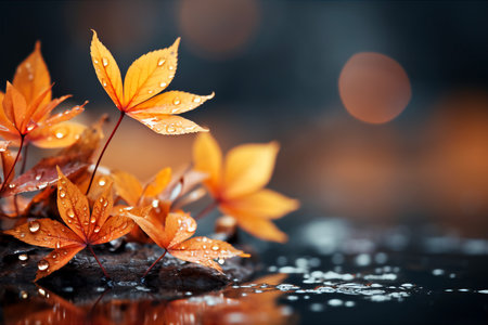 Autumn maple leaves with water drops on dark background. Selective focus. Autumn backgroundの素材