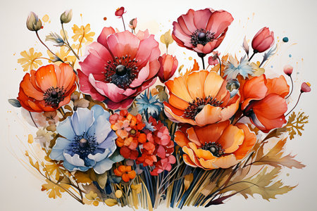 Greeting card with a bouquet of colorful flowers and a violin, watercolor painting styleの素材