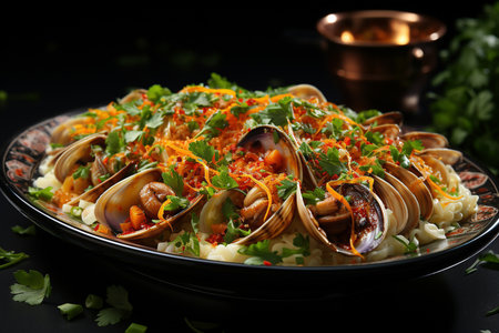 Baked clams with pasta and parsley on a black backgroundの素材