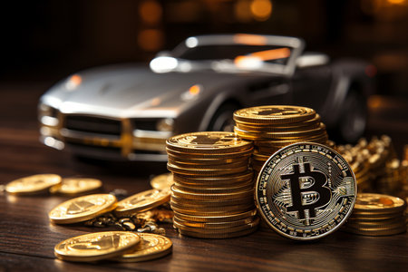 Gold bitcoin and a toy car on a dark background. Crypto currency.の素材