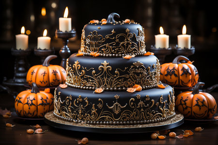 Halloween cake with pumpkins and candles on dark wooden background.の素材