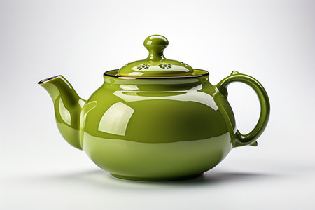 Green ceramic teapot isolated on white background. 3d illustrationの素材