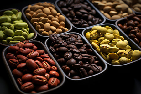 Coffee beans in a bowl on black background. Selective focus.の素材