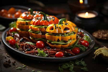 Halloween salad with jack o lantern peppers and bat pastry on bark plate. Selective focusの素材