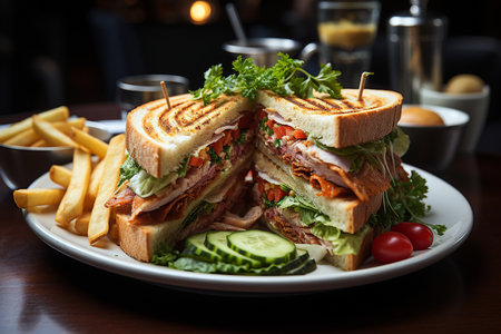 Sandwich with chicken, lettuce and french fries on a wooden tableの素材