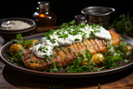 Grilled salmon with parsley and tartar sauce on wooden backgroundの素材