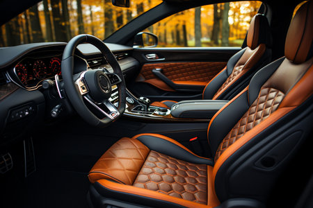 Modern car interior details. Orange leather seats, steering wheel and dashboardの素材