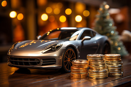 Merry Christmas and Happy New Year. Luxury toy car and golden coins on the table.の素材