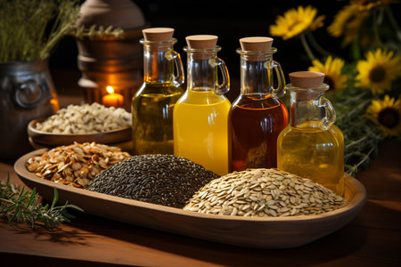 Healthy food ingredients on a wooden table with sunflower oil in glass bottlesの素材