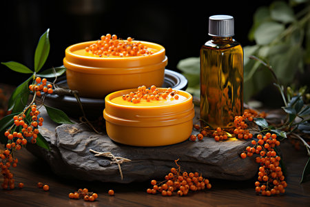 Natural cosmetic made from sea buckthorn oil with its berries and leaves on a stone podiumの素材