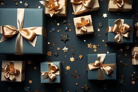Gift boxes with golden bows on dark background, top view. 3d renderingの素材