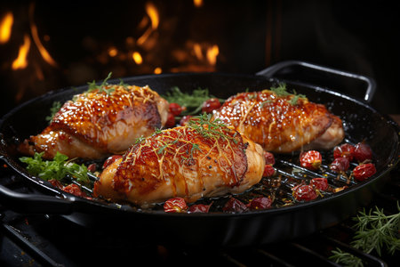 Roasted chicken legs with herbs and spices on grill pan, closeupの素材