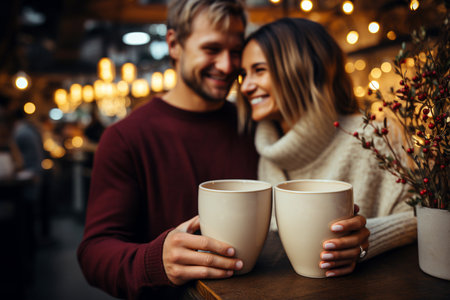 Couple in love drinking coffee at a christmas market. Man and woman holding cups of coffee.の素材
