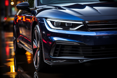 Close-up of the headlights of a modern luxury car at nightの素材