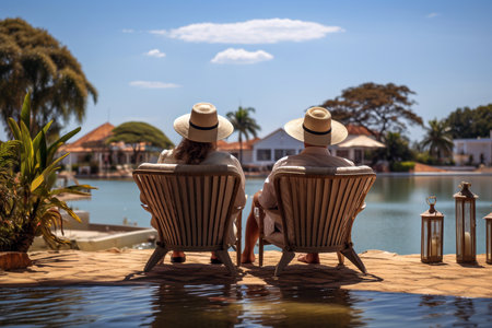 Couple sitting on sun loungers by swimming pool in luxury resortの素材
