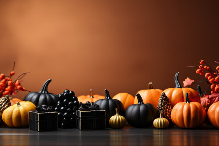 Halloween pumpkins with autumn leaves and berries on a brown backgroundの素材