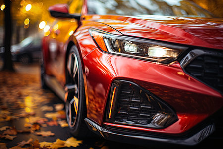 Close-up of the headlights of a modern luxury car at nightの素材