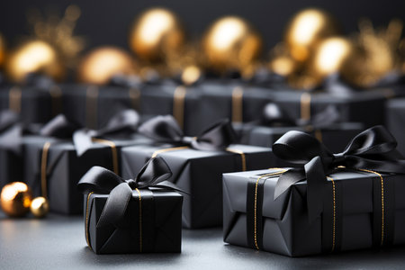 Christmas gift boxes with gold ribbon and bow on bokeh backgroundの素材