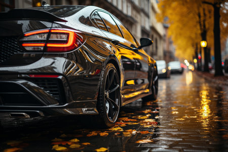 Close-up of the headlights of a modern luxury car at nightの素材