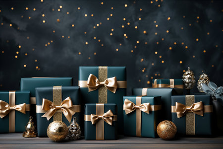 Gift boxes with golden ribbons and christmas balls on wooden backgroundの素材