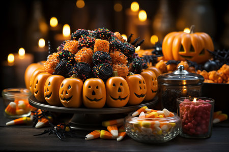 Halloween candies in pumpkin bowl with candies on wooden tableの素材