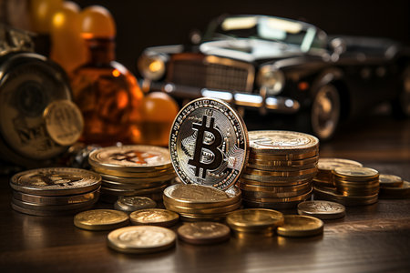 Toy car with golden souvenir bitcoin coin on blurred luxury wooden backgroundの素材