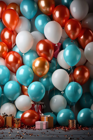 Colorful balloons and gift boxes on blue background. 3d ilustrationの素材