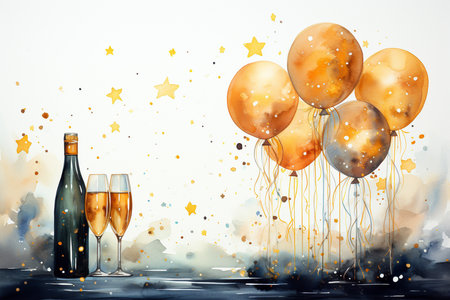 Watercolor illustration of two glasses of champagne and balloons on watercolor background.の素材