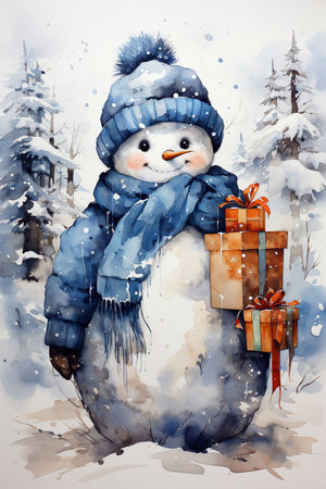 Snowman with gift boxes in winter forest. Watercolor illustration.の素材