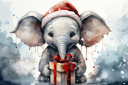 Digital painting of an elephant in a Santa Claus hat with a gift box.の素材