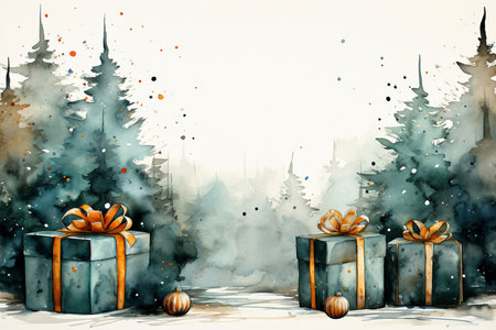 Winter landscape with fir trees and gift boxes. Watercolor illustration.の素材