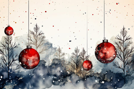 Watercolor winter landscape with Christmas tree, balls and snowflakes.の素材