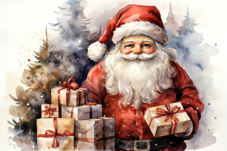 Digital painting of Santa Claus with gifts in front of christmas treeの素材