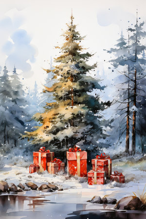 Winter landscape with fir trees and gift boxes. Digital watercolor painting.の素材