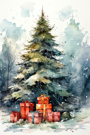 Winter landscape with Christmas tree and gift boxes. Digital watercolor paintingの素材