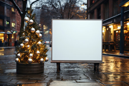 Mock up blank billboard on the street with Christmas tree.の素材