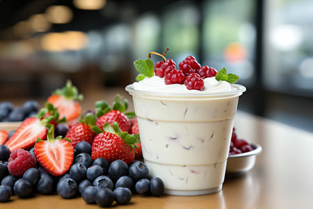 Yogurt with fresh berries on wooden table in cafe, closeupの素材