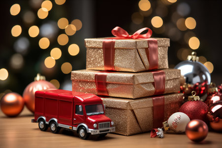Christmas gift boxes with red truck on bokeh background, holiday conceptの素材