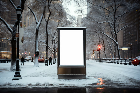Blank street billboard in snowy city at night. 3D rendering.の素材