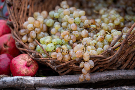 Autumn composition of pomegranates and a basket of grapes at the farmer's market, close-upの写真素材