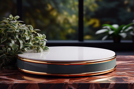 3d render of green round podium with gold frame on a marble background, mockupの素材