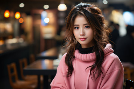 Portrait of a beautiful asian woman in pink coat sitting in cafeの素材