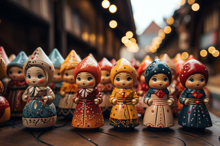 Christmas market with traditional wooden dolls on festive lights background, close-upの素材